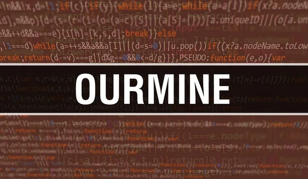 Ourmine的概念说明使用代码开发程序和应用程序 Ourmine的网站代码 在黑暗背景下的浏览器视图中带有彩色标记 二进制计算机代码的Ourmine Backgroun — 图库照片