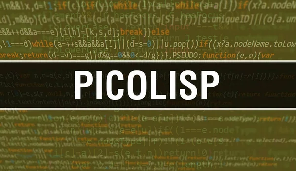 プログラムやアプリを開発するためのコードを使用してPicolispの概念図 暗い背景にブラウザビューでカラフルなタグとPicolispウェブサイトコード バイナリコンピュータコード上のPicolisp — ストック写真