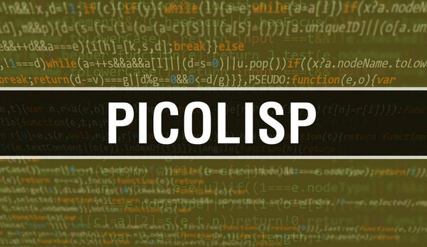 Иллюстрация концепции Picolisp с использованием кода для разработки программ и приложений. Код сайта Picolisp с яркими тегами в окне браузера на темном фоне. Picolisp on binary computer code, backgroun