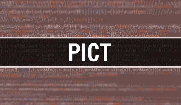 ソフトウェア開発者とコンピュータスクリプトのプログラミングコード抽象技術の背景に書かれたPictテキスト コンピュータモニタ上のコードのPict概念 コーディング Pict Programming Website — ストック写真