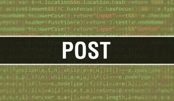 Post Koncept Náhodnými Částmi Programového Kódu Post Text Napsaný Programovacím — Stock fotografie