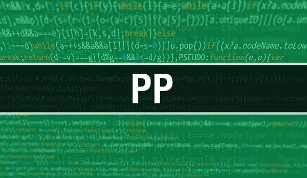 Pp概念说明使用代码开发程序和应用程序 具有彩色标签的Pp网站代码 在黑暗背景下浏览浏览器视图 Binary Computer Code Backgroun — 图库照片
