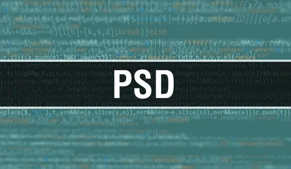 ソフトウェア開発者とコンピュータスクリプトのプログラミングコード抽象技術の背景に書かれたPsdテキスト コンピュータモニタ上のコードのPsd概念 コーディング Psd Programming Webサイト — ストック写真