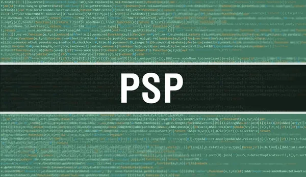 プログラムコードのランダムパーツとPspの概念 ソフトウェア開発者とコンピュータスクリプトのプログラミングコード抽象技術の背景を持つPsp Pspの背景 Conep — ストック写真