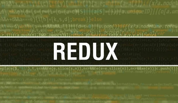 Redux 텍스트는 소프트웨어 개발자와 컴퓨터 스크립트의 추상적 프로그래밍 코드에 작성되었다 — 스톡 사진