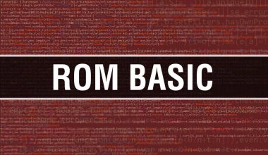 ROM BASIC ve Dijital Java kod metni. ROM BASIC ve Bilgisayar yazılım kodlama vektör kavramı. Java kodlama betiği programlanıyor, ROM BASIC ekran resimlemesi ile dijital program kodu