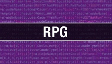 İkili kodlu dijital teknoloji geçmişi olan RPG. Program kodu ve RPG ile soyut arkaplan. Programlama ve kodlama teknolojisi geçmişi. Program listeli RPG