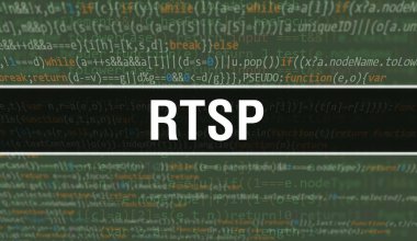 Uygulama ve programlar geliştirmek için kod kullanan RTSP konsept illüstrasyonu. Koyu arkaplandaki tarayıcı görünümünde renkli etiketli RTSP web sitesi kodu. İkili bilgisayar kodunda RTSP, backgroun