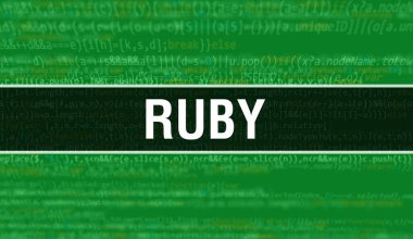 Bilgisayar betiği ve yazılım geliştiricisinin programlama kodları soyut teknoloji arkaplanı üzerine yazılmış RuBY metni. Bilgisayar ekranında yakut kod kavramı. Ruby programlama web oturumu kodlanıyor