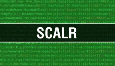 İkili kodlu dijital teknoloji geçmişi olan bir kafa derisi. Program kodu ve Scalr ile soyut arkaplan. Programlama ve kodlama teknolojisi geçmişi. Uygulama listesiyle ölçekle