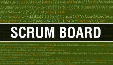 Programları ve uygulamaları geliştirmek için kod kullanarak Scrum Kurulu konsepti çizimi. Scrum Tahtası web kodu, koyu arkaplanda tarayıcı görünümünde renkli etiketler. İkili bilgisayar kodunda Scrum tahtası
