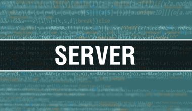 Yazılım geliştiricisi ve Bilgisayar betiğinin programlama kodu soyut teknoloji arkaplanı üzerine yazılmış sunucu metni. Bilgisayar ekranında sunucu kod kavramı. Kodlama Sunucusu programlama web oturumu