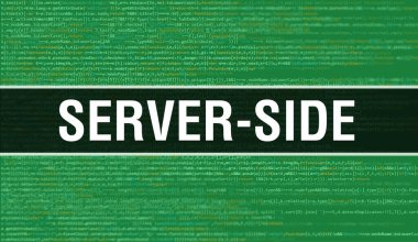 Rastgele Program Kodu içeren sunucu tarafı kavramı. Bilgisayar betiği ve yazılım geliştiricisinin programlama kodları soyut teknoloji arka planına sahip sunucu tarafı. Sunucu tarafı Arkaplan gözlemi
