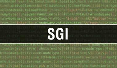 İkili kodlu dijital teknoloji geçmişi olan SGI. Program kodu ve SGI ile soyut bir arkaplan. Programlama ve kodlama teknolojisi geçmişi. Program listeli SGI