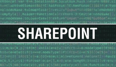 SharePoint with Binary code digital technology background. Abstract background with program code and SharePoint. Programming and coding technology background. SharePoint with Program listin clipart