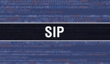 Yazılım geliştiricisi ve Bilgisayar betiğinin programlama kodu soyut teknoloji arkaplanı üzerine yazılmış SIP metni. SIP kod kavramı bilgisayar monitöründe. SIP programlama web oturumu kodlanıyor