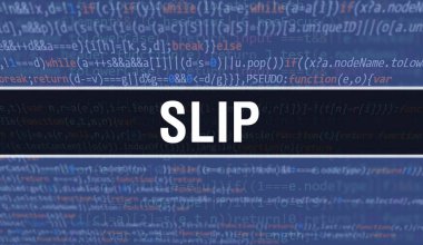 Uygulama ve programları geliştirmek için kod kullanarak SLIP konsepti çizimi. Koyu arkaplanda tarayıcı görünümünde renkli etiketleri olan SLIP web sitesi kodu. İkili bilgisayar kodunda SLIP, backgroun