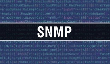 İkili kodlu dijital teknoloji geçmişi olan SNMP. Program kodu ve SNMP ile soyut arkaplan. Programlama ve kodlama teknolojisi geçmişi. Program listeli SNMP