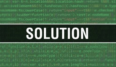 Yazılım geliştiricisi ve bilgisayar yazılımının programlama kodu soyut teknoloji arkaplanı üzerine yazılmış program kodunun Random Parts of Program Code.solution metni ile çözüm kavramı. Teknoloji morina balığıyla çözüm