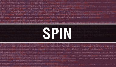 Programın Rastgele Parçaları ile SPIN konsepti. Bilgisayar betiği ve yazılım geliştiricisinin programlama kodları soyut teknoloji arka planına sahip SPIN. SpIN Arkaplan Gözlemleri