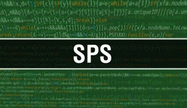 Uygulama ve programlar geliştirmek için kod kullanarak SPS konsept illüstrasyon. Koyu arkaplanda tarayıcı görünümünde renkli etiketleri olan SPS web sitesi kodu. SPS ikili bilgisayar kodu, backgroun