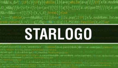 Programları ve uygulamaları geliştirmek için kod kullanarak Starlogo konsepti çizimi. Koyu arkaplanda tarayıcı görünümünde renkli etiketleri olan Starlogo web sitesi kodu. İkili bilgisayar kodlu Starlogo, backgroun
