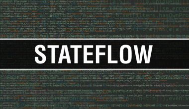 Dijital Java kod metni ile Stateflow. Stateflow ve Bilgisayar yazılım kodlama vektör kavramı. Senaryo Java programlanıyor, ekranda Stateflow olan dijital program kodu