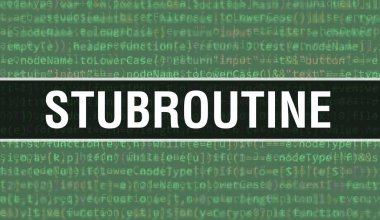 İkili kod dijital teknoloji arka planına sahip Stubroutine. Program kodu ve Stubroutine içeren soyut bir arkaplan. Programlama ve kodlama teknolojisi geçmişi. Program listeli Stubroutine