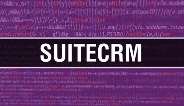 SuiteCRM konsept illüstrasyonunda program ve uygulama geliştirmek için kod kullanılır. SuiteCRM web sitesi kodu, koyu arkaplanda tarayıcı görünümünde renkli etiketler. İkili bilgisayar kodlu SuiteCRM, arka grup