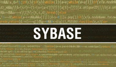 Uygulama ve programlar geliştirmek için kod kullanarak Sybase konsepti çizimi. Koyu arkaplanda tarayıcı görünümünde renkli etiketleri olan Sybase web sitesi kodu. İkili bilgisayar kodunda Sybase, sıralı gruplandırma