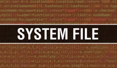 İkili kod dijital teknoloji geçmişi olan sistem dosyası. Program kodu ve Sistem dosyası ile soyut arkaplan. Programlama ve kodlama teknolojisi geçmişi. Uygulama listesi olan sistem dosyası