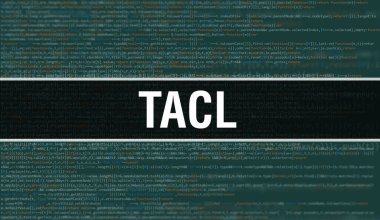 Yazılım geliştiricisi ve Bilgisayar betiğinin programlama kodu soyut teknoloji arkaplanı üzerine yazılmış TACL metni. Bilgisayar ekranında TACL kod kavramı. TACL programlama web oturumu kodlanıyor