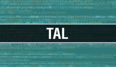 Program ve uygulama geliştirmek için kod kullanarak TAL konsept illüstrasyonu. Koyu arkaplanda tarayıcı görünümünde renkli etiketleri olan TAL web sitesi kodu. İkili bilgisayar kodunda TAL, gerigruplama