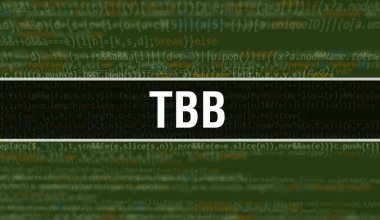 Program ve uygulama geliştirmek için kod kullanarak TBB konsepti çizimi. Koyu arkaplanda tarayıcı görünümünde renkli etiketleri olan TBB web sitesi kodu. İkili bilgisayar kodunda TBB, backgroun