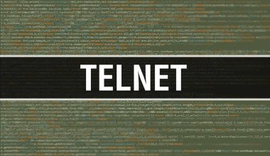 Soyut Teknoloji İkili Kod Arkaplanlı Telnet. Dijital ikili veri ve Güvenli Veri Kavramı. Yazılım / Web Geliştirici Programlama Kodu ve Telnet. Telnet Javascript Soyut Bilgisayar Betiği