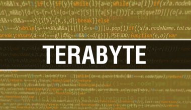 Programlama kodunun Random Parts of Program Code.terabyte metni içeren terabayt kavramı yazılım geliştiricisi ve bilgisayar yazılımının soyut teknoloji arkaplanı üzerine yazılmıştır. Teknoloji morina balığıyla terabayt