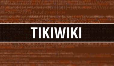 Program ve uygulama geliştirmek için kod kullanan TikiWiki konsept illüstrasyonu. TikiWiki web sitesi kodu, koyu arkaplanda tarayıcı görünümünde renkli etiketler. İkili bilgisayar kodu TikiWiki, backgroun