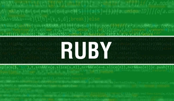 Ruby 텍스트는 소프트웨어 개발자와 컴퓨터 스크립트의 추상적 프로그래밍 코드에 작성되었다 — 스톡 사진