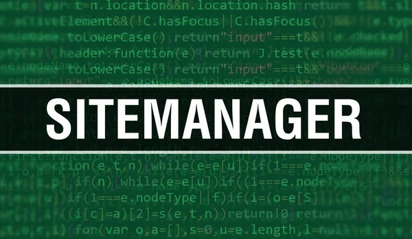 ソフトウェア開発者とコンピュータスクリプトのプログラミングコード抽象技術の背景に書かれたプログラムコードのランダム部品とSitemanagerの概念 Sitemanagerウィット — ストック写真