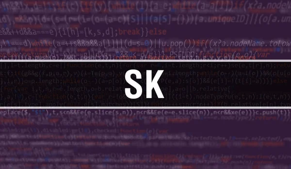 ソフトウェア開発者とコンピュータスクリプトのプログラミングコード抽象技術の背景に書かれたSkテキスト コンピュータモニタ上のコードのSkコンセプト コーディング Programming Website — ストック写真