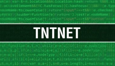 İkili kod dijital teknoloji geçmişi olan Tntnet. Program kodu ve Tntnet ile soyut arkaplan. Programlama ve kodlama teknolojisi geçmişi. Program listeli Tntnet