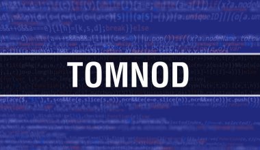 Programları ve uygulamaları geliştirmek için kod kullanarak Tomnod konsepti çizimi. Tomnod web kodu koyu arkaplanda tarayıcı görünümünde renkli etiketler ile. Tomnod ikili bilgisayar kodunda, backgroun