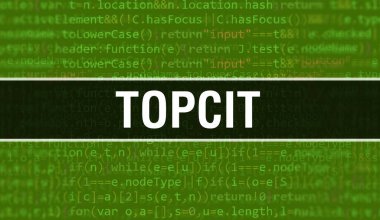 İkili kodlu dijital teknoloji geçmişi olan TOPCIT. Program kodu ve TOPCIT ile soyut arkaplan. Programlama ve kodlama teknolojisi geçmişi. Program listeli TOPCIT