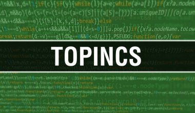 Program Kodunun Rastgele Parçaları konsepti. Yazılım geliştiricisi ve Bilgisayar betiğinin programlama kodu soyut teknoloji arkaplanı üzerine yazılmış Topincs metni. Teknoloji Morina ile Tepeler