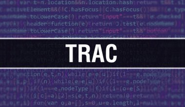 İkili kodlu dijital teknoloji geçmişi olan bir Trac. Program kodu ve Trac ile soyut arkaplan. Programlama ve kodlama teknolojisi geçmişi. Program listesiyle birlikte Trac