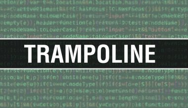 Dijital Java kod metni olan trambolin. Trambolin ve Bilgisayar yazılım kodlama vektör kavramı. Senaryo Java programlanıyor, ekranda trambolin bulunan dijital program kodu