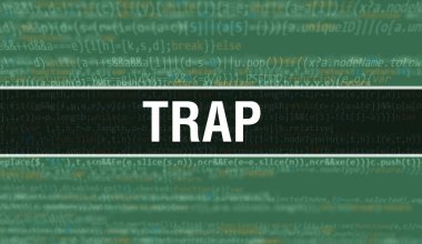 Program ve uygulama geliştirmek için kod kullanarak tuzak konsepti illüstrasyonu. Koyu arkaplanda tarayıcı görünümünde renkli etiketli bir web sitesi kodu. İkili bilgisayar kodunda tuzak, gerigruplama