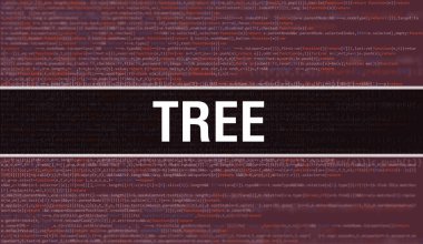 Yazılım geliştiricisi ve Bilgisayar betiğinin programlama kodları soyut teknoloji arkaplanı üzerine yazılmış ağaç metni. Bilgisayar ekranında ağaç kod kavramı. Kodlama Ağacı programlama web oturumu