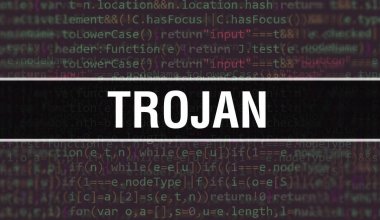 İkili kodlu dijital teknoloji geçmişi olan Truva virüsü. Program kodu ve Truva virüsü olan soyut bir geçmiş. Programlama ve kodlama teknolojisi geçmişi. Program listeli trojan