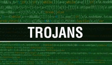 Program Kodunun Random Parts of Program Kodları ile Truva konsepti. Trojans metni yazılım geliştiricisi ve Bilgisayar betiğinin programlama kodu soyut teknoloji arkaplanı üzerine yazıldı. Teknoloji morina balıklı Truvalılar